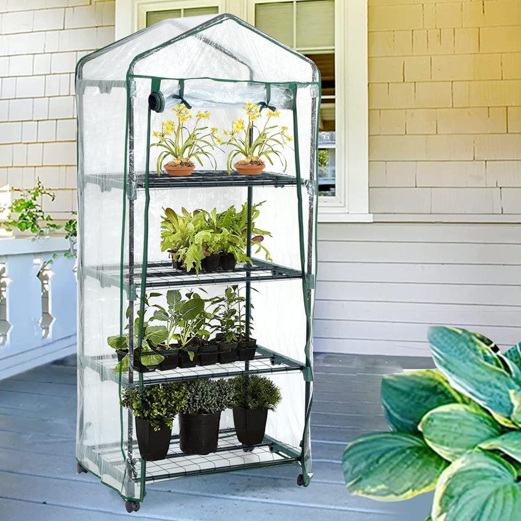 Buy BRTON 4-Tier Mini Greenhouse with Wheels, Portable Plant Gardening Greenhouse Tent, Indoor Outdoor Grow House with Steel Shelves, Roll-Up Zipper Door, Use in Any Season for Plants, L27 x W19 x