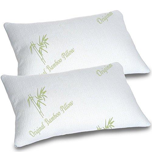 Bamboo Pillows for Sleeping Set of 2 - Standard Queen Size - Adjustable Loft Cool Shredded Memory Foam Bed Pillow - Cooling Hypoallergenic Luxury Cover - Comfort for Back Side and Stomach