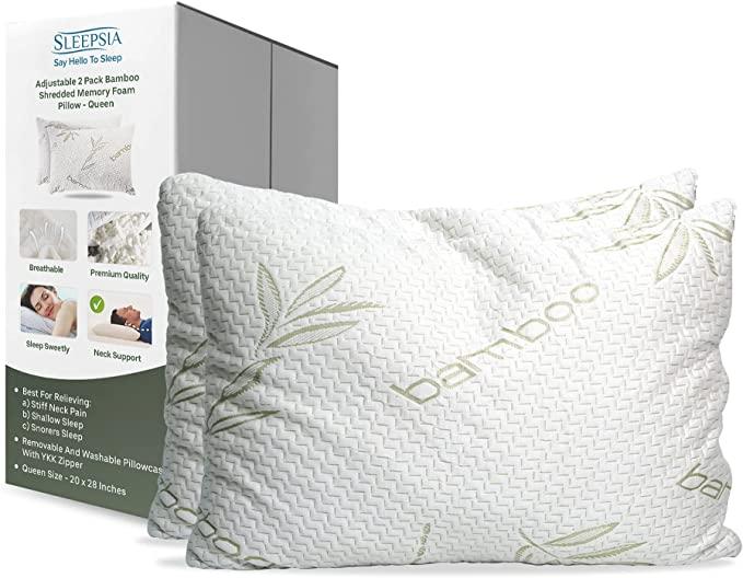 Amazon.com: Sleepsia Bamboo Pillow (2 Pack Queen) - Shredded Memory Foam Pillow - Premium Pillows for Sleeping with Washable Pillow Case- Adjustable : Home & Kitchen