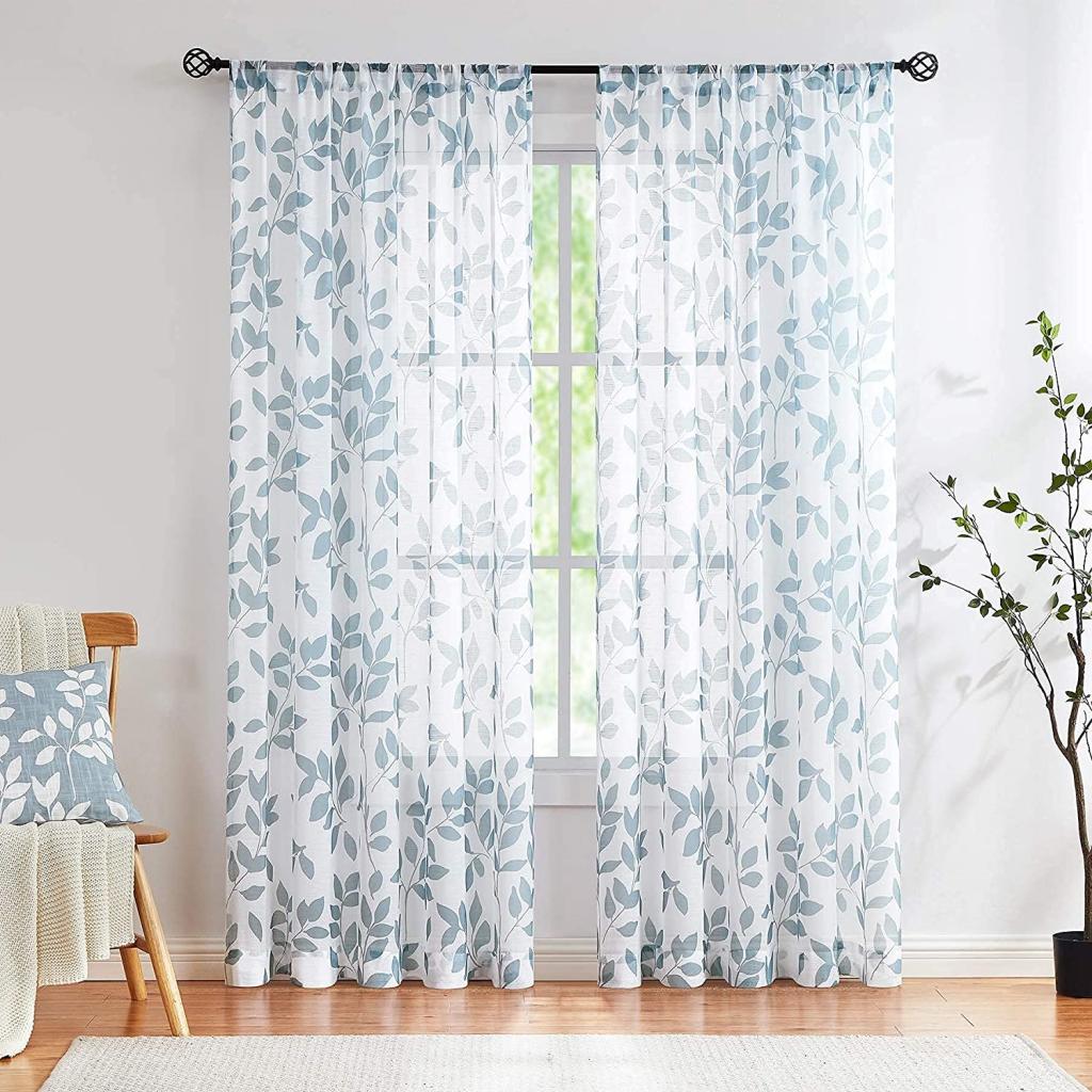 Buy Blue Leaves White Sheer Curtains for Living Room Bedroom 95 inches Long Filter Light Modern Botanical Print Drapes Semi Sheer Linen Textured Curtain Panels for Yard Patio Basement Laundry Room 2pcs