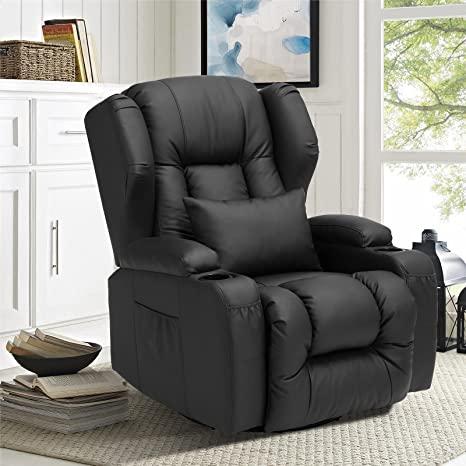Amazon.com: IPKIG Manual Recliner Chair - Swivel Rocker Recliner Chair, Faux Leather Recliner Sofa Chairs with 2 Cup Holders, Lumbar Pillow and Side Pockets for Nursery Living Room (Black- Swivel Recliner) :