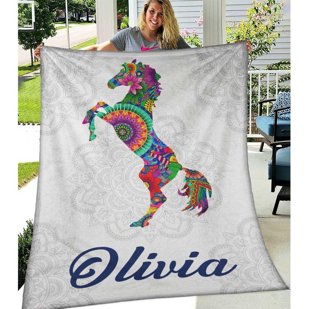 Horse Floral Mandala Pattern Personalized Fleece Blanket