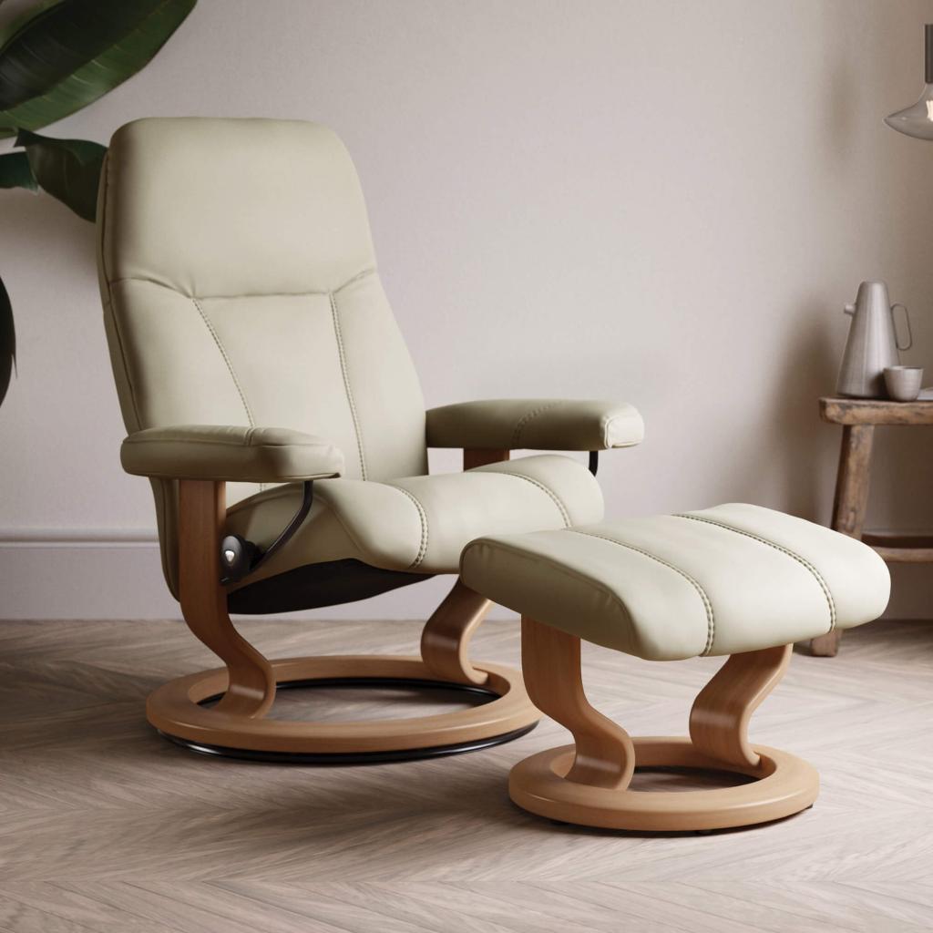 Stressless Medium Consul Recliner Chair & Footstool With Classic Base In Batick Cream & Oak