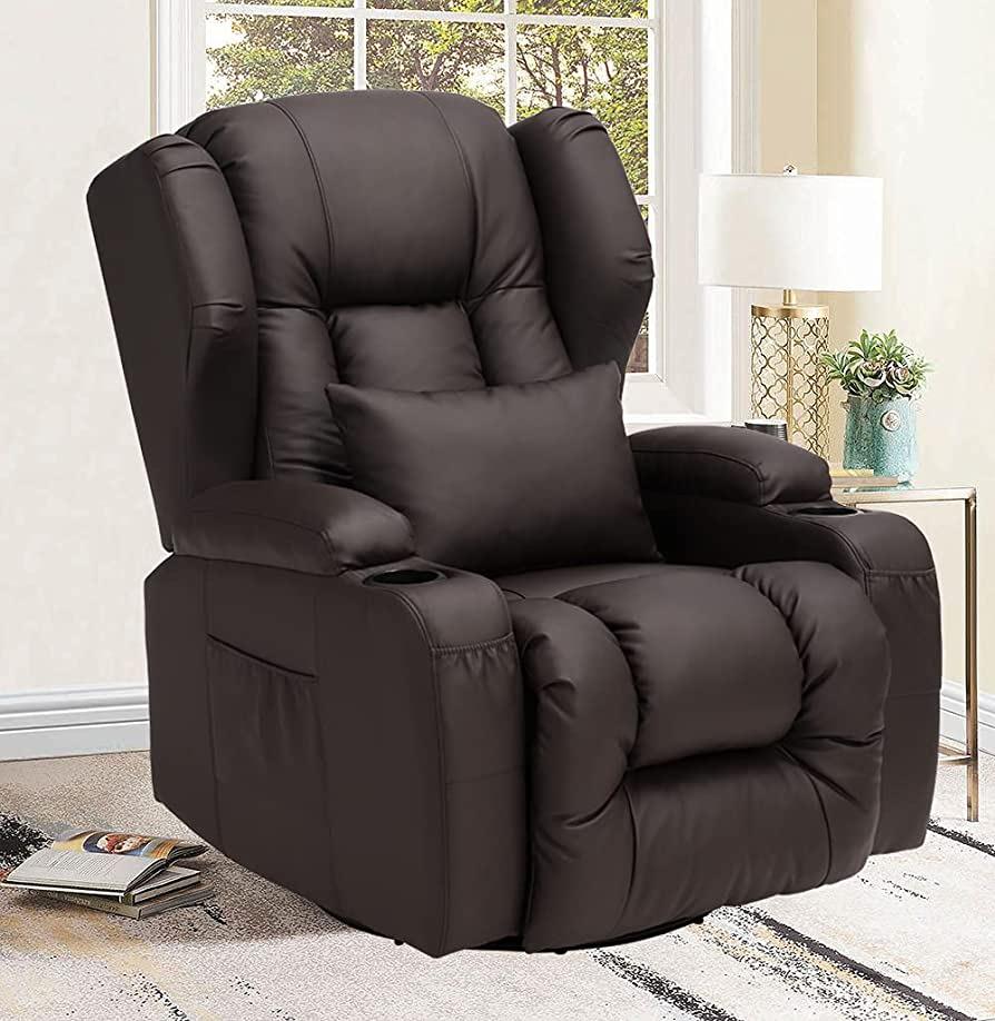 Amazon.com: OQQOEE Manual Leather Recliner Chair, 360 Degree Nursery Swivel Rocker Recliner Chair with Cup Holders/Side Pockets/Lumbar Pillow for Living Room(PU Brown) : Home & Kitchen