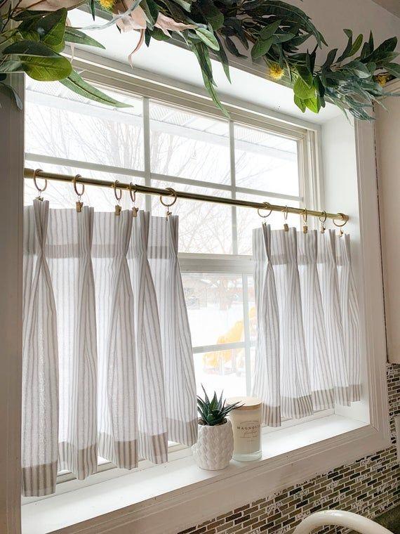 Pleated Ticking Striped Cafe Curtain Tier Curtains Kitchen - Etsy | Cafe curtains kitchen, Kitchen window curtains, Kitchen window treatments