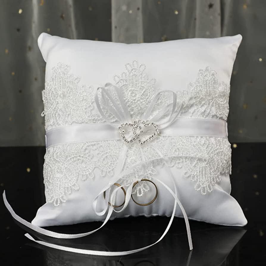 Amazon.com: AUNMAS Wedding Ring Pillow, Double Heart Hollow Satin Lace Pearl Ivory Wedding Ring Cushion for Ring Bearer Beach Romantic Wedding Party Ceremony, 5.9 Inch, White : Home & Kitchen
